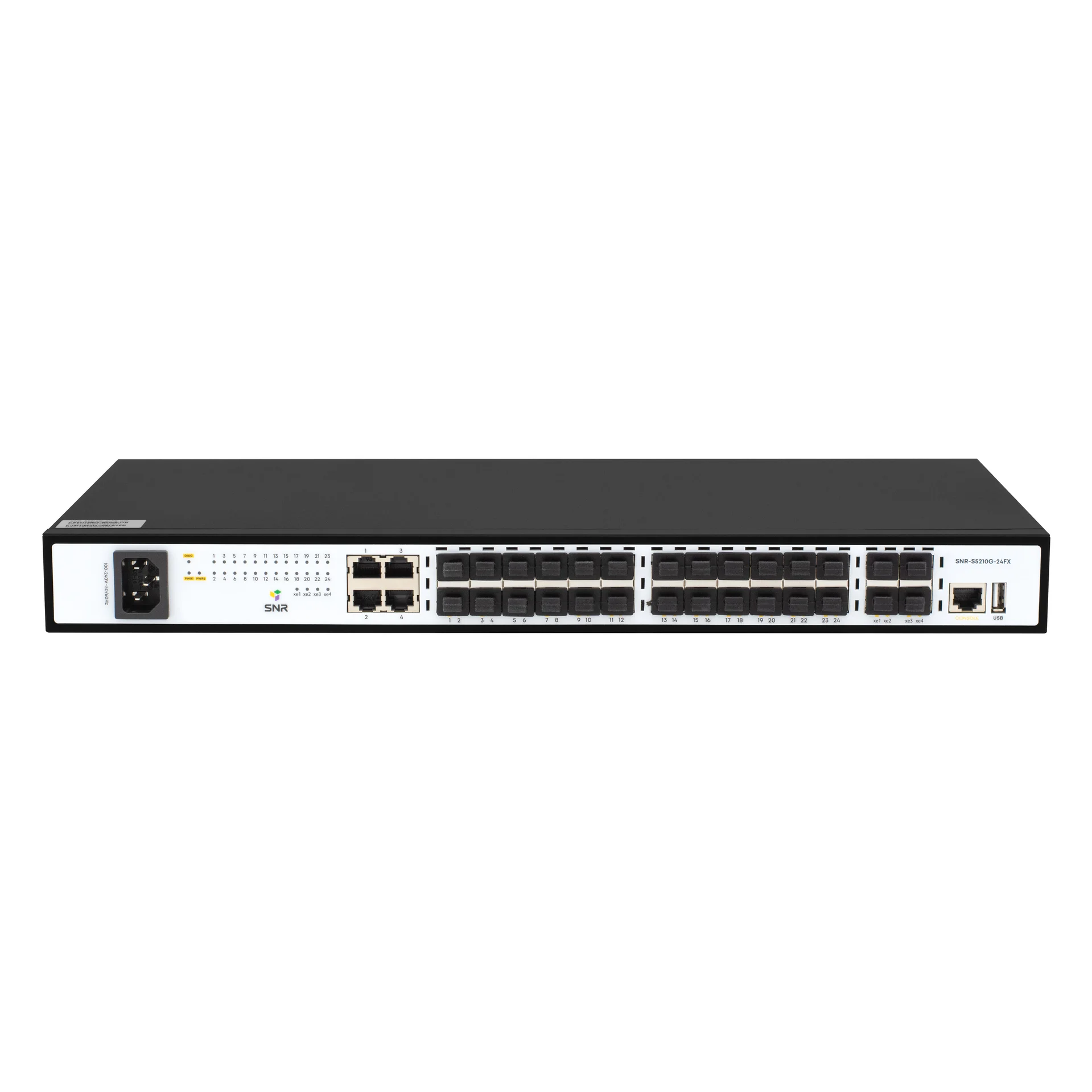 SNR SNR-S5210G-24FX-RPS Управляемый коммутатор уровня 2+, 20 портов 100/1000Base-X SFP, 4 порта Combo 10/100/1000Base-T|100/1000Base-X SFP, 4 порта 1/10G SFP+, встроенный БП ~220V AC, RPS 12V DC