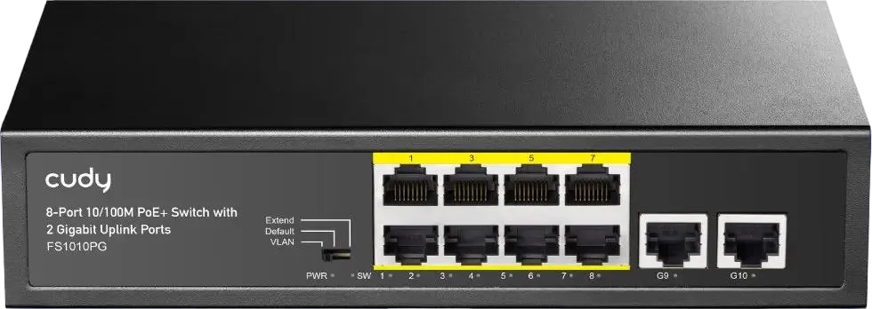 Коммутатор/ 8-Port 10/100M PSE RJ-45 +2 RJ45 10/100/1000M Uplink Port Unmanaged PoE+ Switch 120W, CCTV/VLAN mode support, long distance:250M at CCTV mode. Support PD Alive Function, ±4 KV Surge Protection, 802.3af/at standard, Alternative 1/2(+),3/6(-), Steel Case,Watchdog, 120W internal