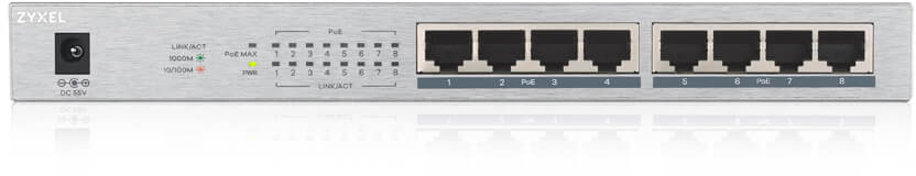 ZYXEL GS1008HP-EU0101F PoE+ коммутатор GS1008HP, 8xGE PoE+, настольный, металлический, бесшумный, бюджет PoE 60 Вт