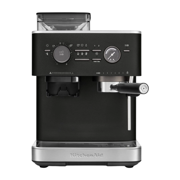 Полуавтоматическая кофемашина KitchenAid, давление 15 бар, 15 уровней помола, объем резервуара для воды 2.5 л, автоматический капучинатор, одновременное приготовление двух чашек, индикатор наличия зерен, индикация уровня воды, цвет черный чугун