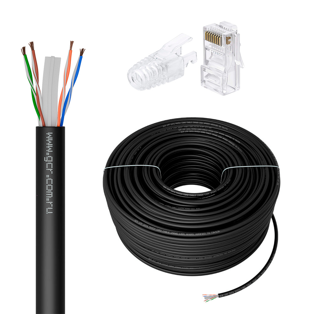 GCR PRO Кабель LAN DIY витая пара 100m в бухте, LSZH UTP кат.6А, CCA многопроволочный, черный + Коннектор RJ-45 8p8c сборный 50шт.