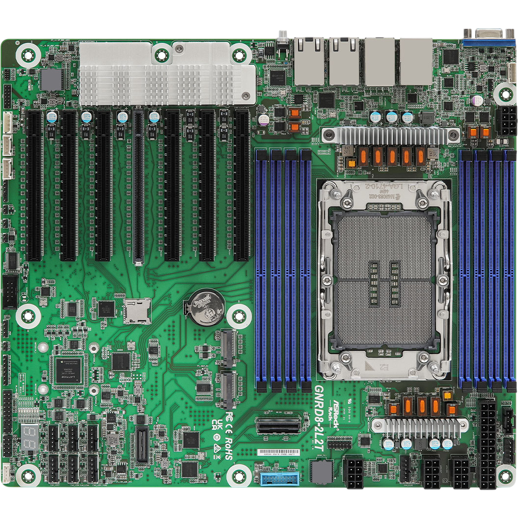 Материнская плата/ ASRock GNRD8-2L2T, CEB, 1x LGA 4710  Intel Xeon 6700P-series/ 6500P-series/ 6700E-series, 8x DDR5 RDIMM, MRDIMM, 7x PCIe5.0 / CXL2.0 x16*, 1x MCIO (PCIe5.0 / CXL2.0 x8), 2x M.2 (PCIe5.0 x4), 2x RJ45 (10GbE) Intel X710-AT2, 2x RJ45 (1GbE) Intel i210, AST2600
