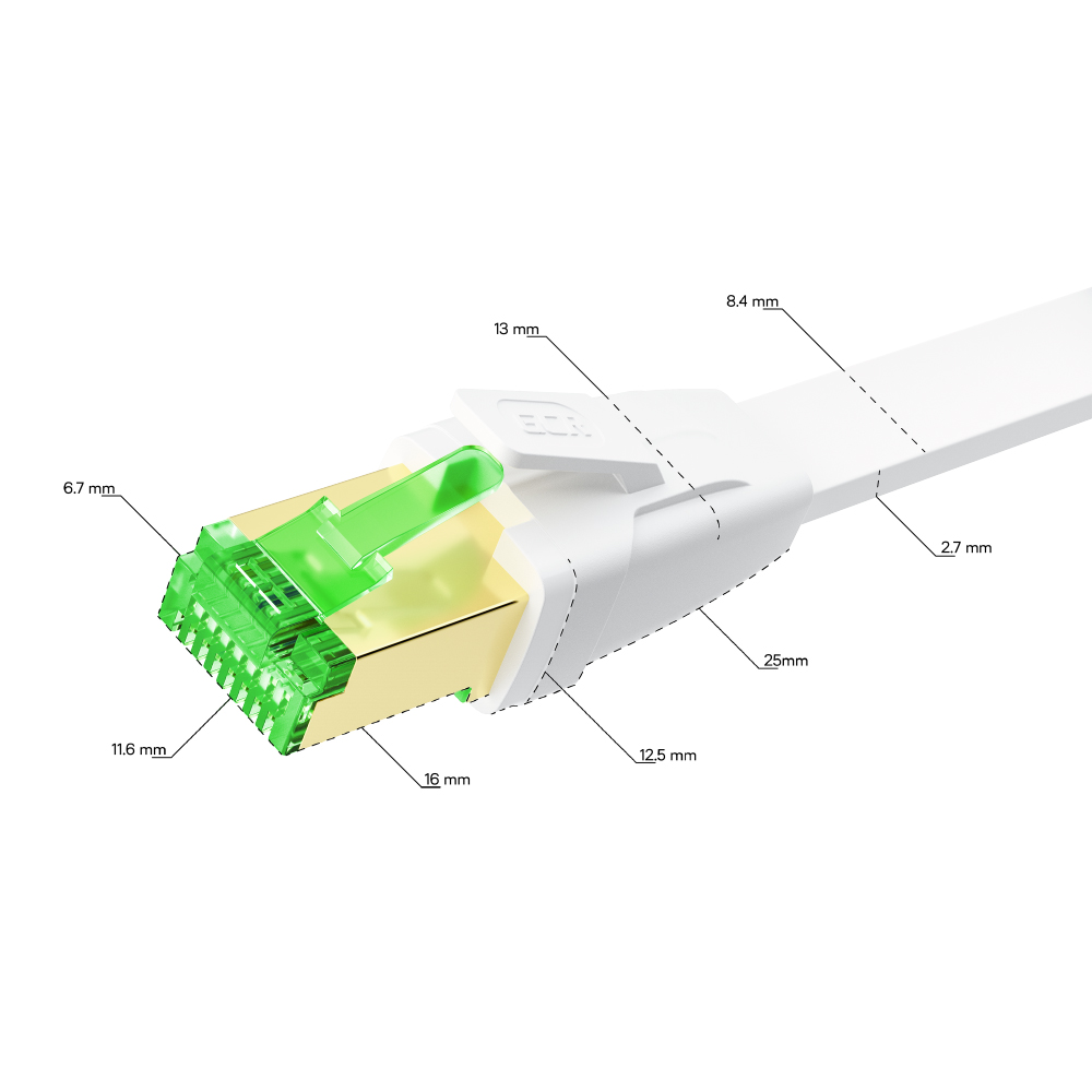 GCR Патч-корд LSZH PROF плоский прямой 3.0m, FTP, кат.8 ethernet, RJ45, медь, 30 AWG, белый, литой, экранированные коннекторы 24K GOLD, T568B