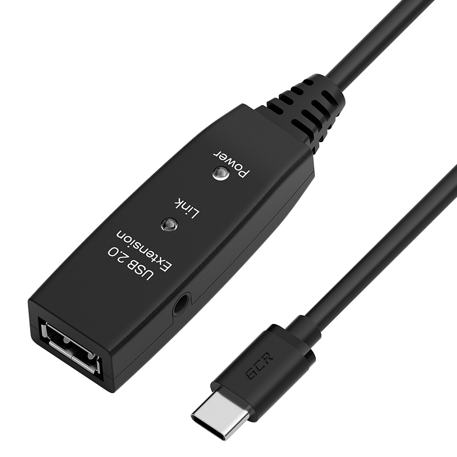 GCR PRO Кабель-переходник активный 3.0m Type-C / AF USB 2.0 с усилителем сигнала, разъём для доп.питания, медь, черный, 28/24 AWG