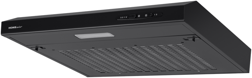 Вытяжка HOMSair HORIZONTAL 60 Black/ подвесная, ползунковое управление, 3 скорости, 420 м3/ч, до 12 м2, 45 дБ, светодиодное LED-освещение, угольный фильтр CF152 (H) 1 шт, ШхДхВ: 600х465х80 мм, черный
