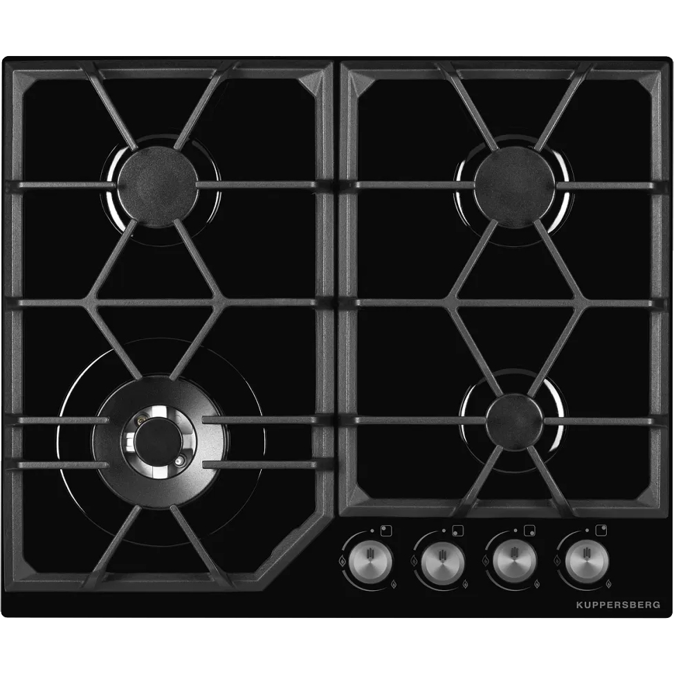 Газовая варочная поверхность Kuppersberg/ KITCHEN RETAIL / Газовая варочная поверхность, закаленное стекло, ширина 60 см, 4 газовые конфорки, WOK конфорка(3,8 кВт), автоподжиг, газ-контроль, чугунные решетки, цвет черный