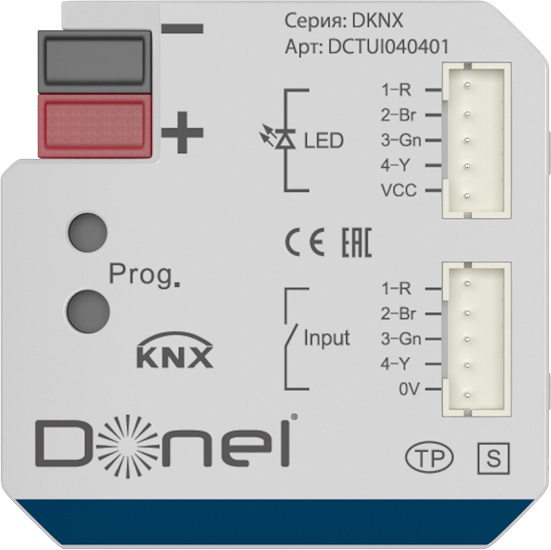 Donel KNX Универсальный интерфейс , 4 канала, 12 В DC Могут индивидуально параметрироваться как входы или выходы, длина шины до 10м, вход 20 В DC, 5 мА, выход 12 В DC, макс. 2,5 мА, 4 входа 4 выхода, Cерия DKNX