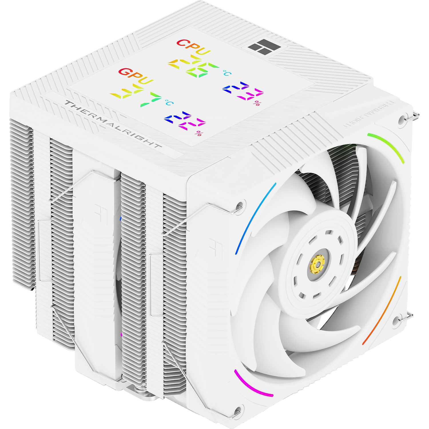 Кулер для процессора/ CPU Cooler Thermalright Phantom Spirit 120 Digital SNOW (4-pin PWM, LED temp., 160mm, Ni/CU, 7x6mm, ARGB, 2x120mm, 69CFM, 27dBA, 2150RPM, S: 1851, 1700, 1200, 115X, AM5, AM4, white)