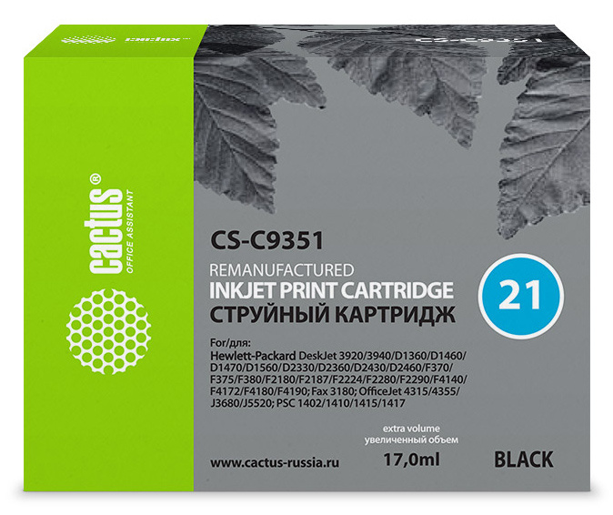 Cactus C9351  Картридж струйный CS-C9351 черный для №21 HP DeskJet 3920/3940/D1360/D1460/D1470 (17ml)