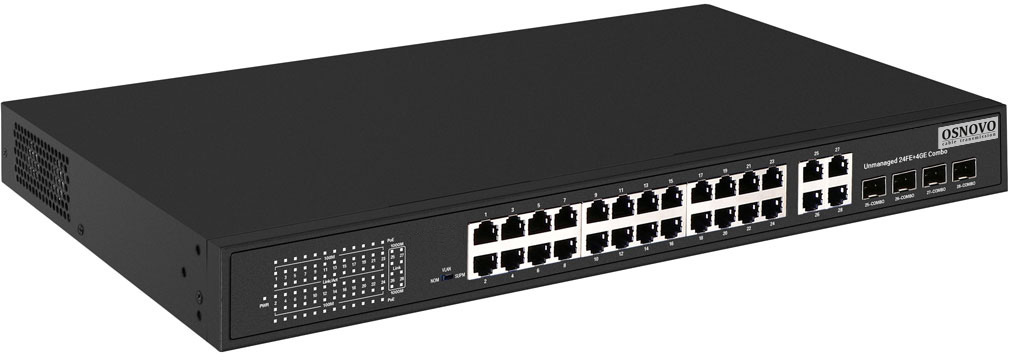 Коммутатор/ OSNOVO PoE коммутатор 24 x 10/100 Base-T PoE,  4 x GE Combo Uplink RJ45/SFP, PoE на порт - до 30W, суммарно PoE до 385W