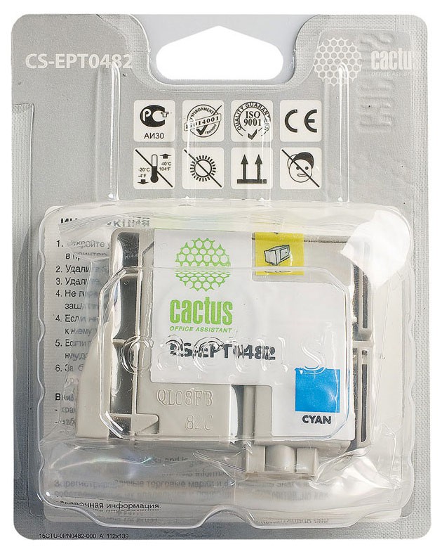 Картридж струйный Cactus CS-EPT0482 голубой для Epson Stylus Photo R200/R220/R300/R320/R340/RX500/RX