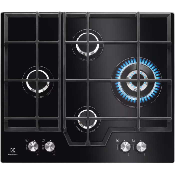 Встраиваемые газовые панели ELECTROLUX/ Газовая варочная поверхность - закаленное стекло, мощность: 8900 Вт, автоматический электроподжиг, Wok-конфорка, газ-контроль, решетки: чугун, независимая установка, размеры (ШхГ): 59x52 см