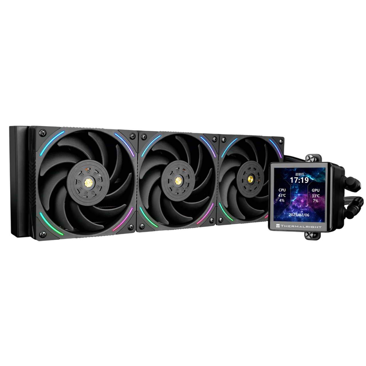 Система жидкостного охлаждения/ Water Cooling System Thermalright Frozen Vision 360 V2 (360mm, LED, Black, ARGB/ Fans: 3x120mm, 69CFM, 27dBA, 2150RPM/ Pump height 60mm, 23dBA, 3000RPM, Rad thickness 27mm/ S: 1700, 1200, 1851, 115X, 2011, 2066, AM5, AM4)