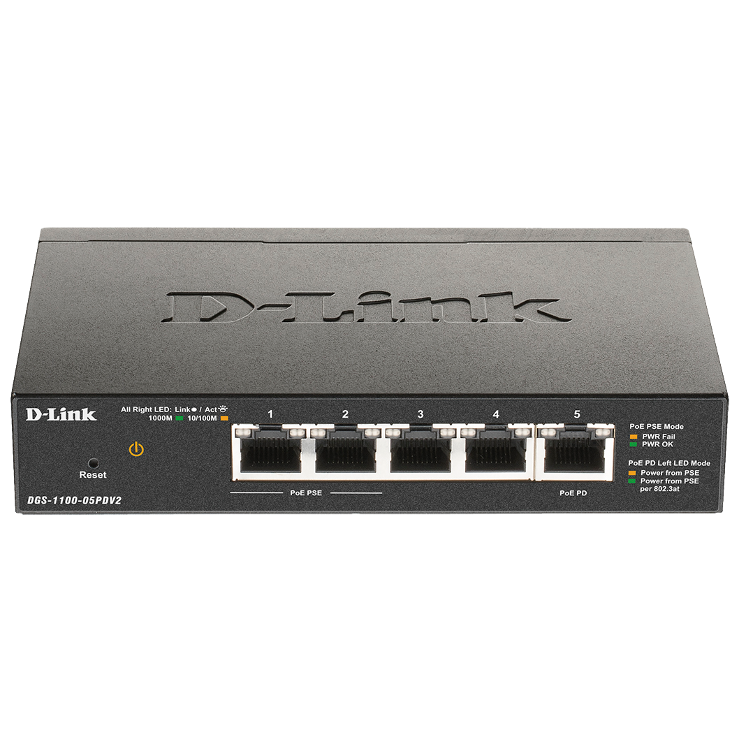 D-Link DGS-1100-05PDV2/A1A Настраиваемый L2 коммутатор с 5 портами 10/100/1000Base-T (2 порта PoE, 1 порт для питания коммутатора по PoE). (Питание осуществляется только по PoE.)