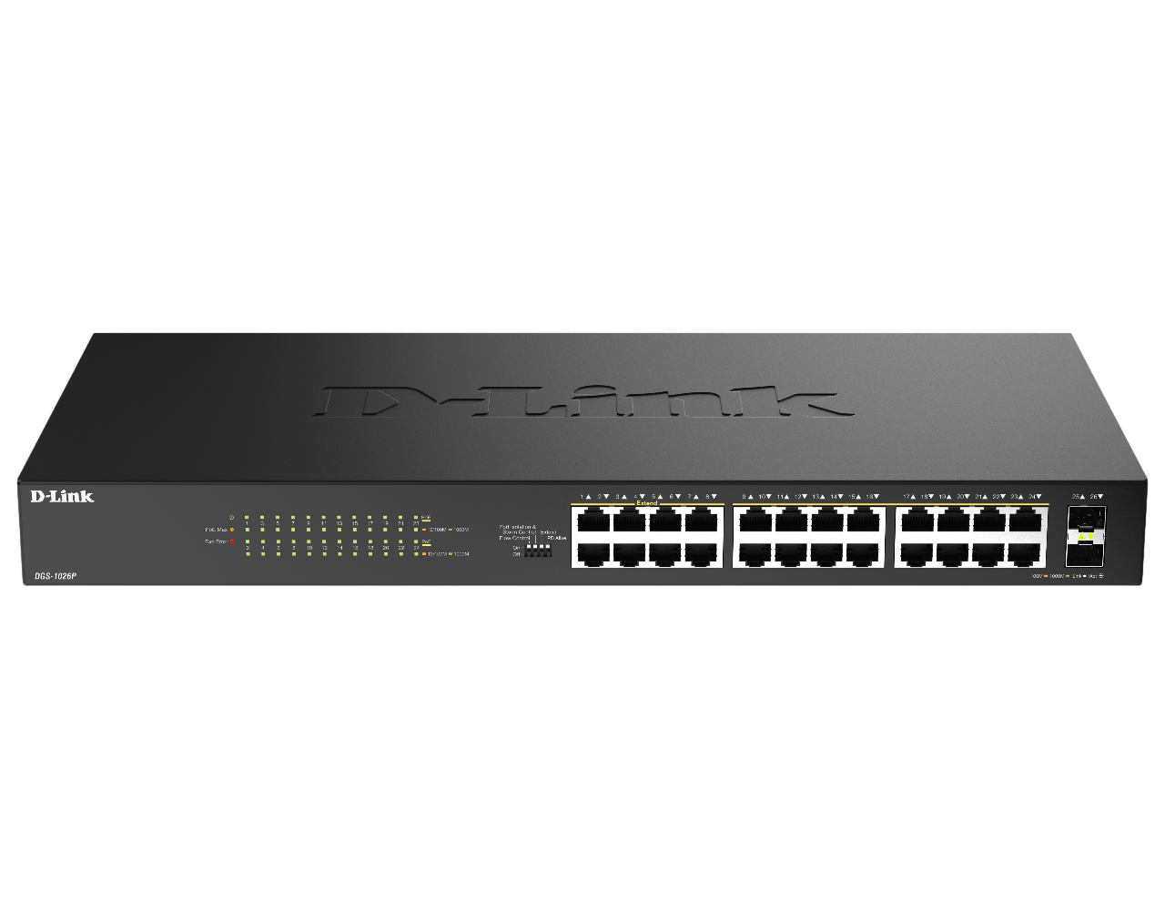D-Link DGS-1026P/A1A Конфигурируемый коммутатор с 24 портами 10/100/1000Base-T, 2 портами 1000Base-X SFP и DIP-переключателем (24 порта PoE 802.3af/at, PoE-бюджет 240 Вт, дальность до 250 м)