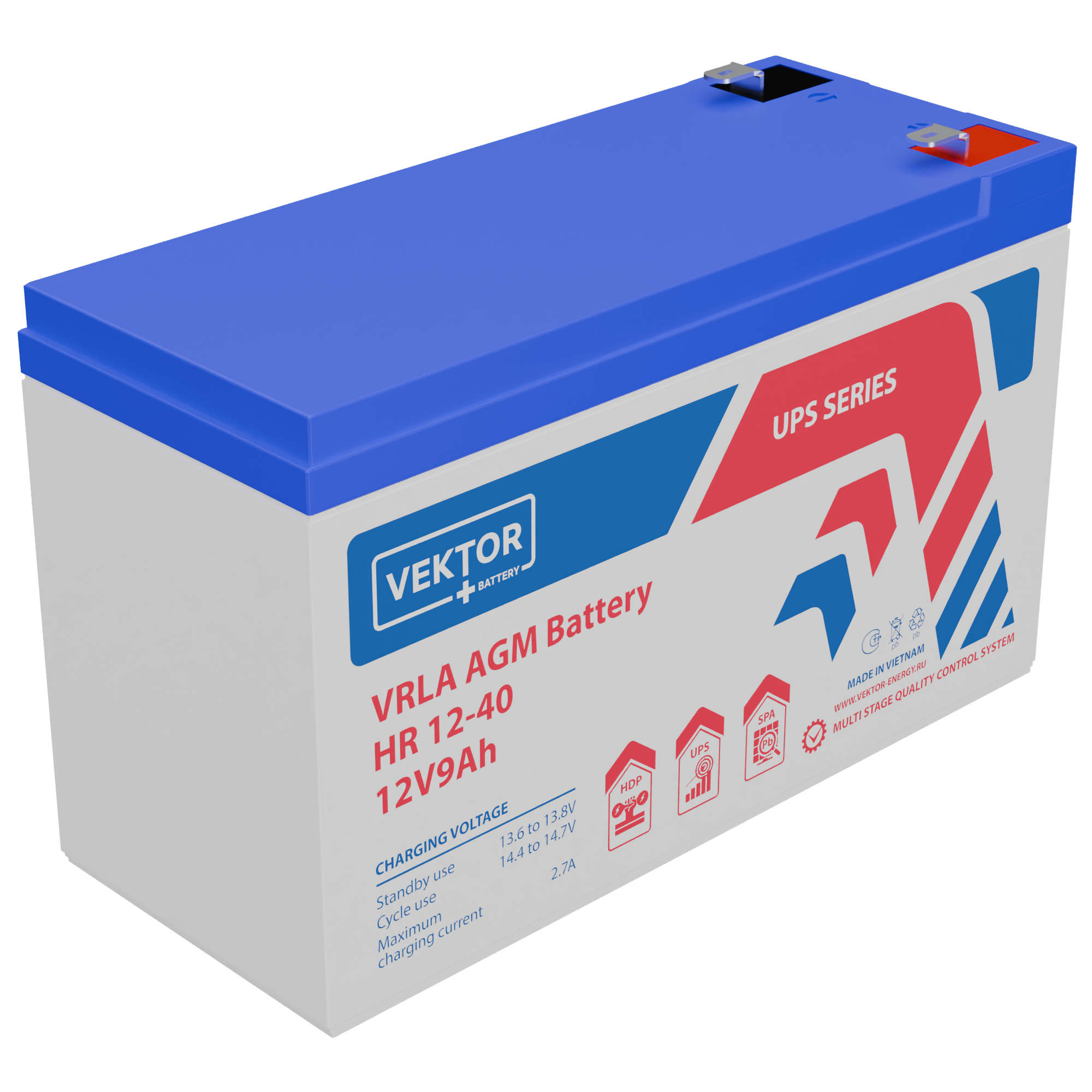 Батарея Vektor Battery серия HR, HR 12-40W, напряжение 12В, емкость 9 Ач (разряд 20 часов), макс. ток разряда (5 сек.) 135А, макс. ток заряда 2,7A, свинцово-кислотная типа AGM, клеммы F2, ДxШxВ 151x65x100мм., вес 12,55г., срок службы 8 лет