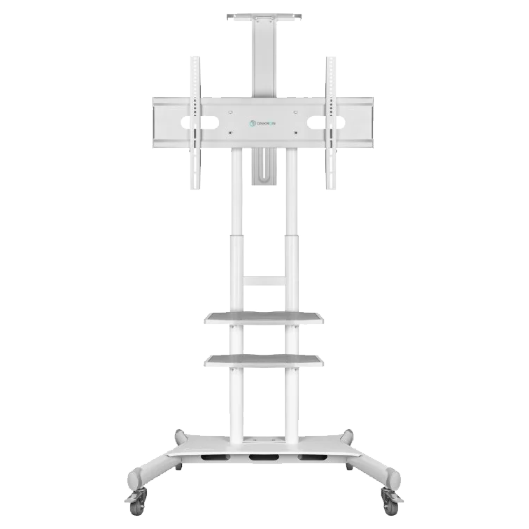 Мобильная стойка ONKRON на 1 ТВ/ 50-86" от 300х100 до 800х500, макс нагр 105,9кг, 2 полки, высота 1350-1650мм,, белая