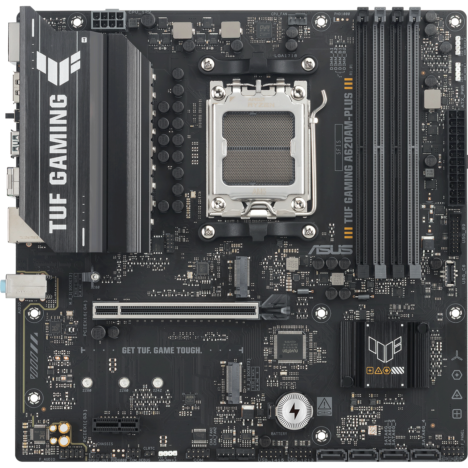 ASUS TUF GAMING A620AM-PLUS (SocketAM5, mATX, 4xDDR5(256GB), 2xDP/HDMI, 2xPCIe 4.0x16/1xPCIe 3.0, 1xLAN (2.5GbE), 4xSATA 6Gb/s, 2xM.2, 2xUSB 3.2, 4xUSB 2.0, 1xPS/2)
