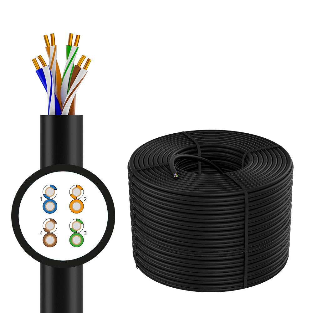 4PH Кабель LAN витая пара 305m в бухте, UTP кат.5e, CCA 4х2х0,5 (24AWG), одножильный (Solid), черный (упаковка коробка), 4PH-R90947