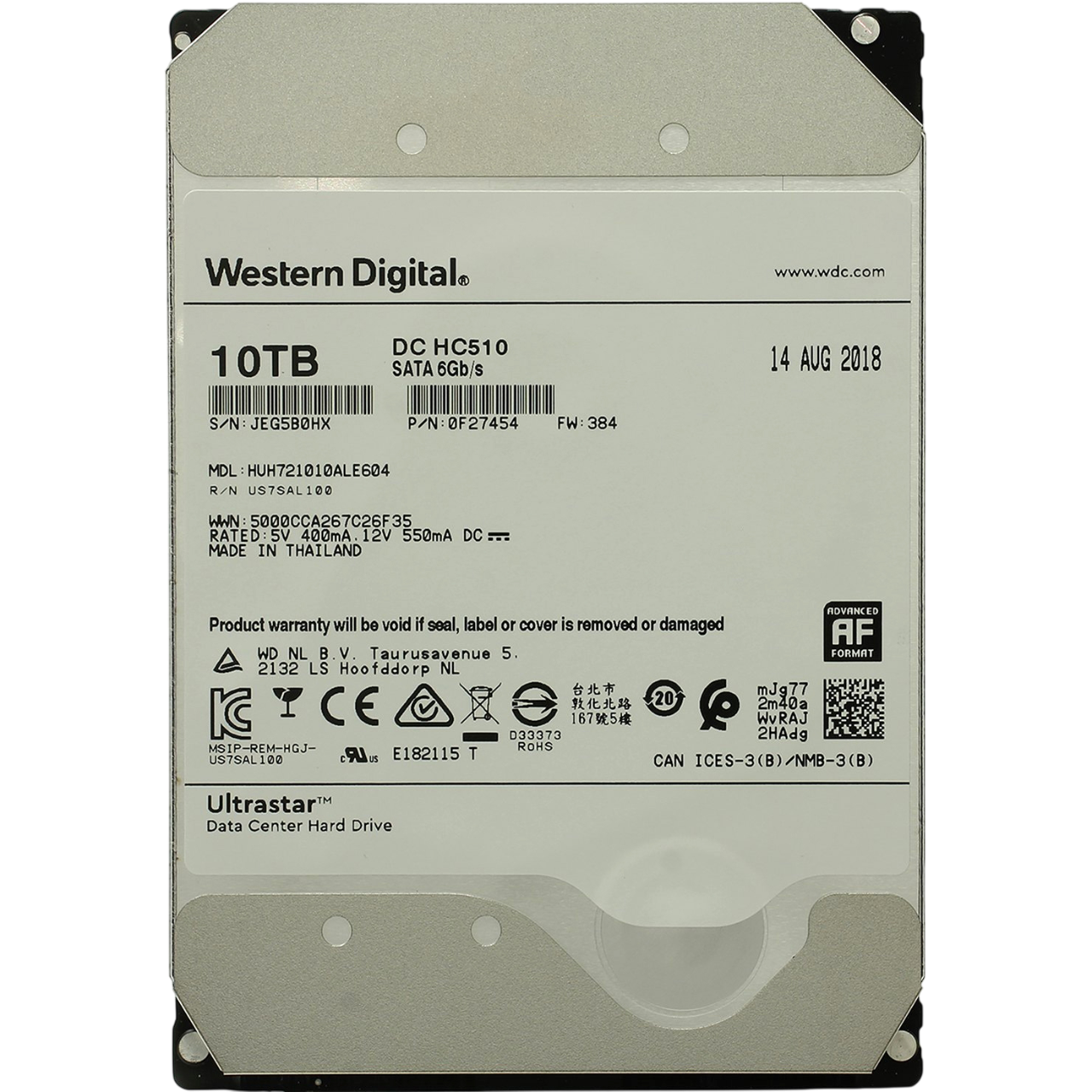 Western Digital Ultrastar DC HDD Server HE10 (3.5’’, 10TB, 256MB, 7200 RPM, SATA 6Gb/s, 512E SE) SKU: 0F27454/0F27606