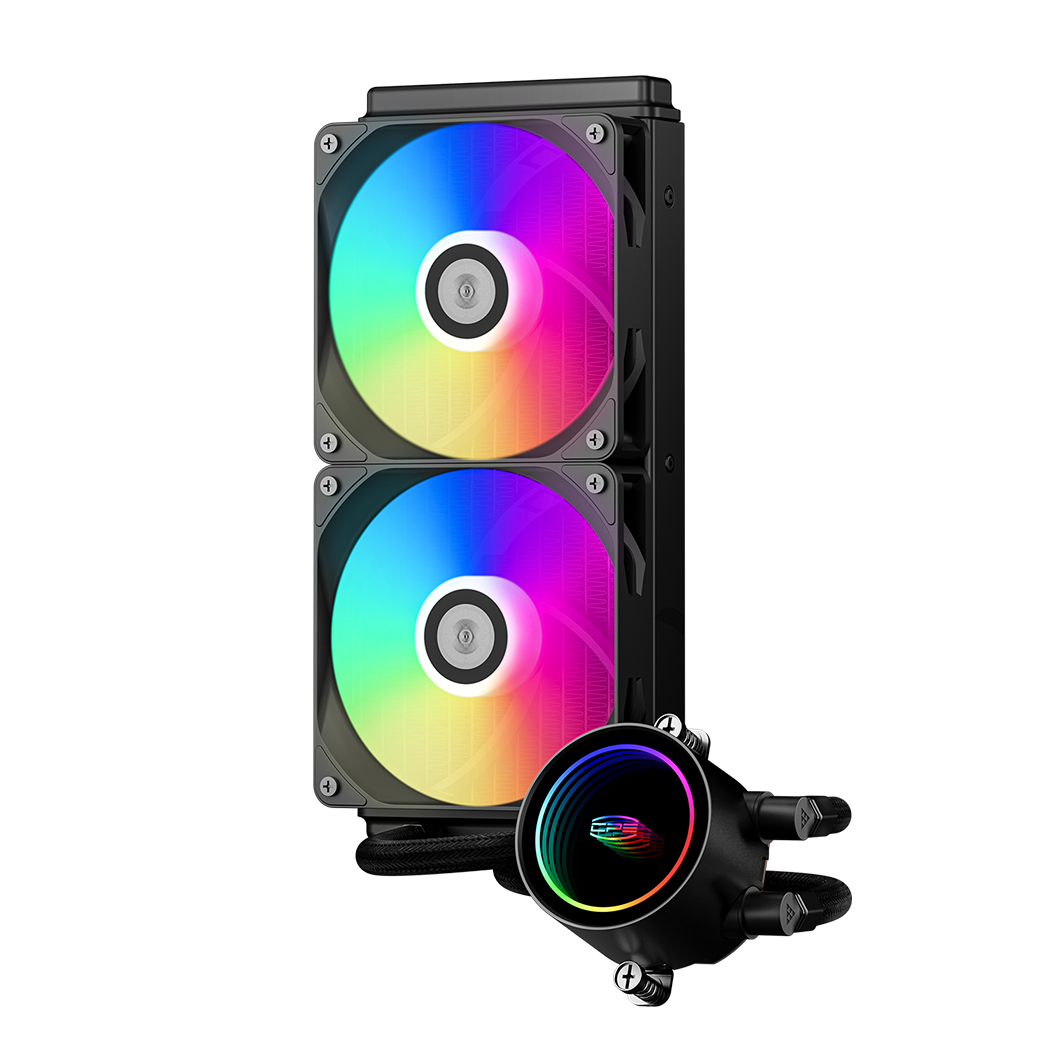 Система охлаждения/ PCCooler DA240 ARGB BK (270W, 240mm, Black, ARGB/ Fans: 2x120mm, 73.6CFM, -dBA, 1800RPM/ Pump height 55mm, -dBA, 3000RPM, Rad thickness 27mm/ S: 1851, 1700, 1200, 20XX, 115X, AM5,