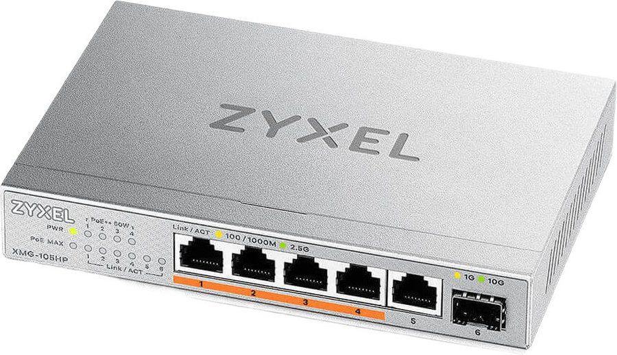 Коммутатор/ Мультигигабитный PoE++ коммутатор Zyxel XMG-105HP, 5xRJ-45: 1/2.5G (4 из них PoE++), 1xSFP+, настольный, бесшумный, бюджет PoE 70 Вт