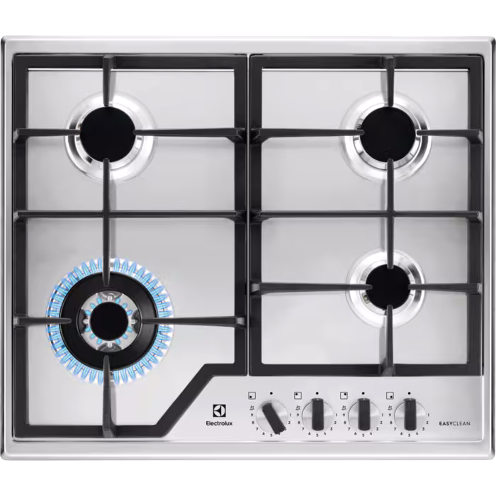 Встраиваемые газовые панели ELECTROLUX/ Газовая варочная поверхность -нержавеющая сталь, мощность: 8550 Вт, WOK-конфорка, автоматический электроподжиг, газ-контроль, решетки: чугун, независимая установка, размеры (ШхГ): 59.5x51 см