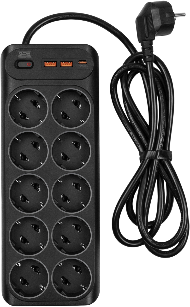 Сетевой фильтр-удлинитель/ PowerCom SP-10 USB2A1CB 1.8M, 10 розеток, черный, 16А, 4кВт, 204Дж, защитные шторки, защита от КЗ, перегрузки и импульсных помех, один порт USB-C(PD20W) и два USB-A(QC3.0) суммарной мощностью 15Вт, кабель 3x1 мм2, ШхГхВ 268