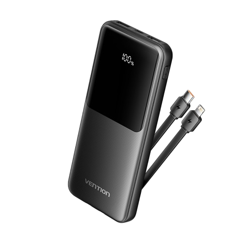 Power Bank Vention 10000mAh(Micro-USB/C/A/A) со встроенными кабелями 22.5W Чёрный с LED Дисплеем, шт.