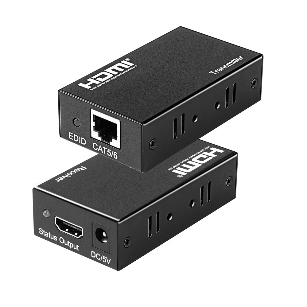 HDMI удлинитель/ HDMI удлинитель по витой паре до 60м. Разрешение видео - 1920x1080. HDMI 1.3, HDCP 1.2. Поддерживаются кабели cat5e/6. Встроенная антисатическая защита - 8кВ. Порты подключения: HDMI, Ethernet-порт - RJ45. Питание - DC5V. Комплектация: передатчик, приемник, блок питания DC5V - 2шт. Размеры каждого устройства (ШxВxГ): 80 x 23 x 43 мм. Рабочая температура: -15…+55°С.
