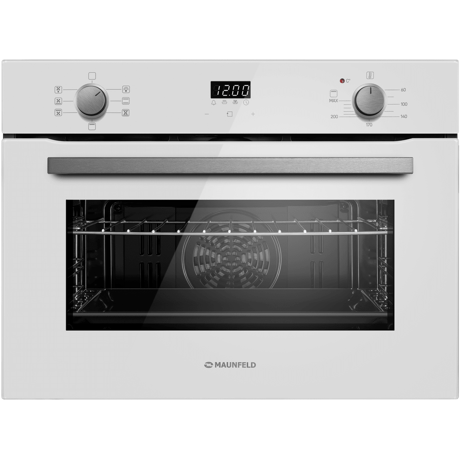 Шкаф духовой электрический MAUNFELD/ Компактный духовой шкаф электрический MAUNFELD, 45.5х57.5х59.4 см, 6 режимов, гриль, полезный объем 53 л, утапливаемые переключатели, таймер, защита от детей, конвекция, дисплей, цвет белый, фурнитура нержавеющая сталь