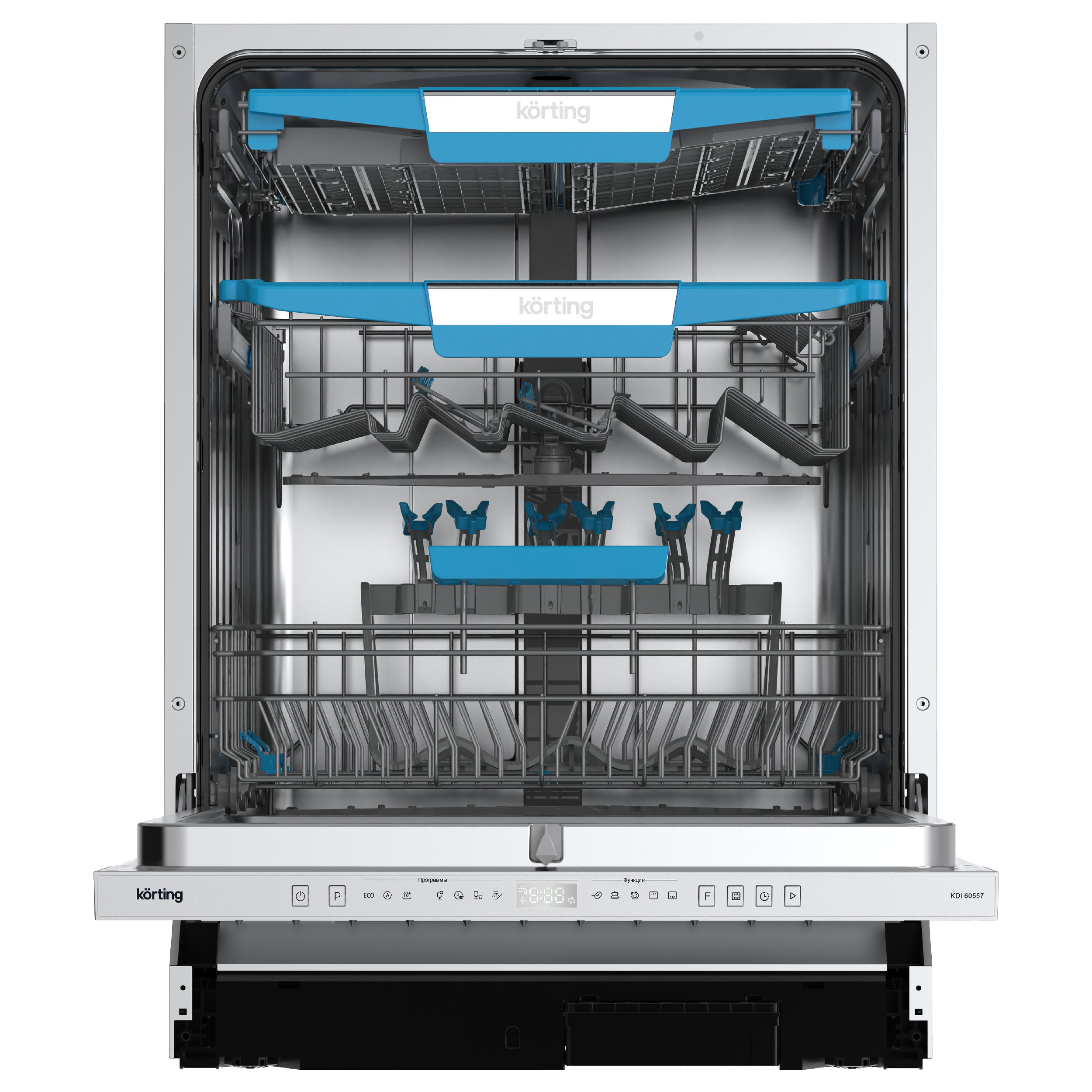 Встраиваемая посудомоечная машина KORTING/ Встраиваемая посудомоечная машина KORTING, 60 см, 3 корзины, 14 комплектов, регулировка высоты Easy Lift, электронное управление, цифровой дисплей, 7 программ, отложенный старт, луч на полу, LED освещение, 3 разбрызгивателя, проточный ТЭН, защита от протечек AquaControl, энергоэффективность А++, уровень шума 47 дб