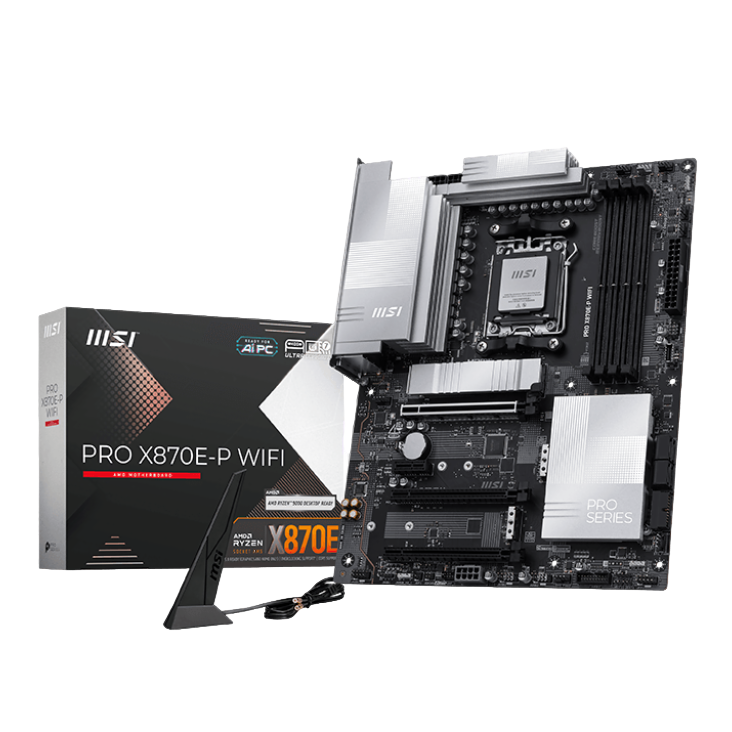 Материнская плата MSI PRO X870E-P WIFI X870E, AM5, 4*DDR5, 3*PCIEx16, 1*PCIEx1, 3*M.2, 2*TypeC, 2*USB3.2Gen2, 6*USB3.2Gen1, 10*USB2.0, 4*SATA3.0, 5G, Type-C(DP), HDMI, ATX, RTL