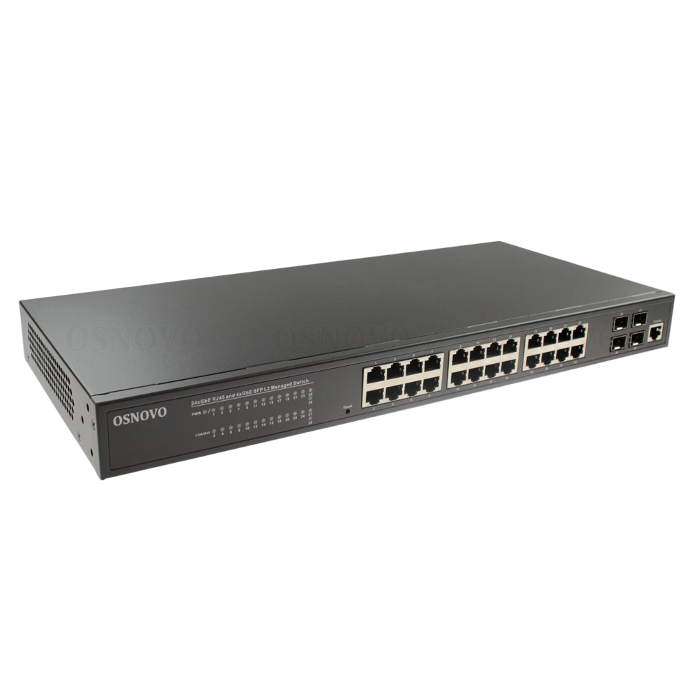 Коммутатор/ OSNOVO SW-24G4SF-L2 Управляемый L2+ коммутатор Gigabit Ethernet на 28 портов.Порты: 24 x GE (10/100/1000Base-T) + 4 x GE SFP (1000Base-X), Консольный порт; Уровень управления L2+ (Full managed); Поддержка Jumbo Frame 10K, IGMP Snooping, DHCP-сервер.  Встроенная грозозащита 6kV на порт. Монтаж в 19" стойку, крепление в комплекте. Питание: встроенный БП AC100-240V(25W). Размеры (ШхВхГ): 440x44x200мм. Рабочая температура: 0...+40°С.