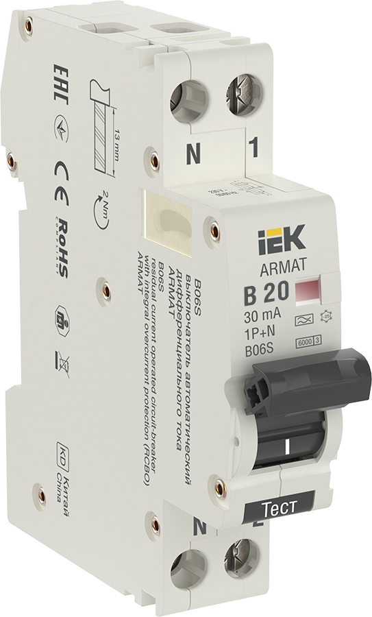 ARMAT АВДТ B06S 1P+NP B20 30мА тип A (18мм) IEK