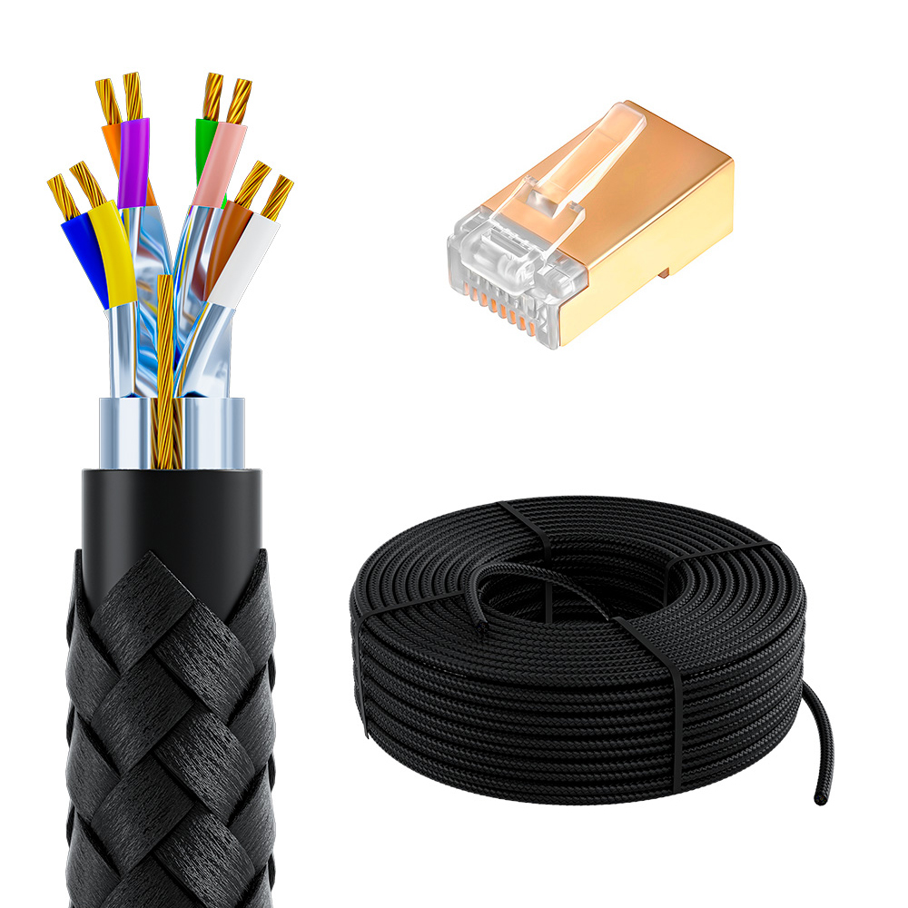 GCR PRO Кабель LAN DIY витая пара 100m в бухте, F/FTP кат.7, медь, многопроволочный, в оплетке текстиль, черный + экран. коннекторы RJ-45 8p8c 50шт.