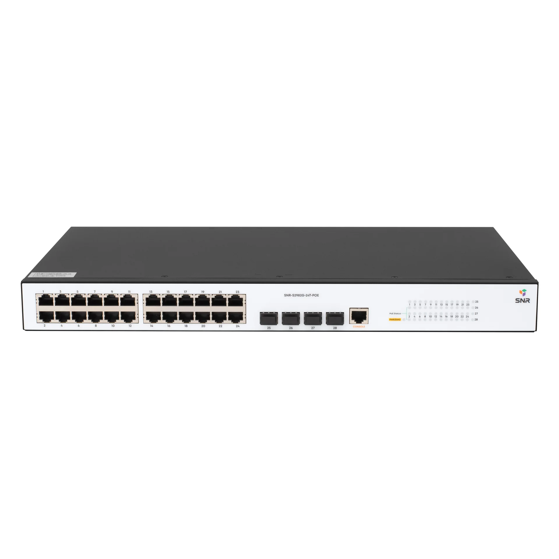 SNR SNR-S2982G-24T-POE Управляемый гигабитный PoE коммутатор уровня 2, 24 порта 10/100/1000Base-T, 4 порта 100/1000Base-X (SFP), бюджет PoE 185 Вт, встроенный БП ~220V AC