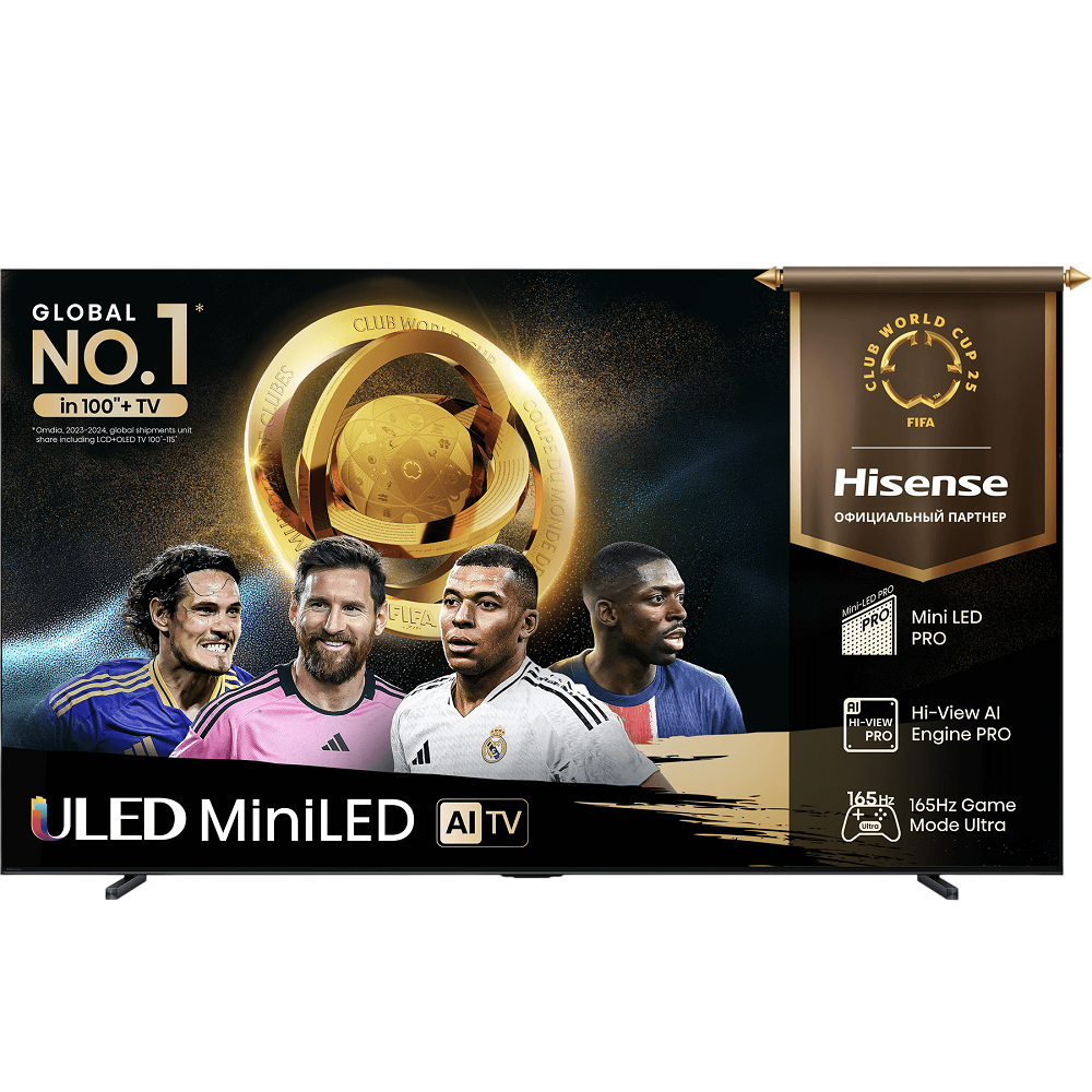 Телевизор ЖК 100'' Hisense/ 100", Ultra HD, Mini LED, Local Dimming Zone 1248, 165 Hz, Smart TV (ОС VIDAA U9), Wi-Fi, DVB-T2/T/C/S2/S, HDR 10+, Dolby Vision, Dolby Atmos, Bluetooth, 2.1.2 2*15W+20W+2*5W, CI+(1.4), 4хHDMI, 2хUSB, Works with Alexa, Alexa Built-in, GA, VIDAA Voice, Yandex, AMD Freesync Premium, 165Hz Game Mode Ultra, Charcoal grey, 2025