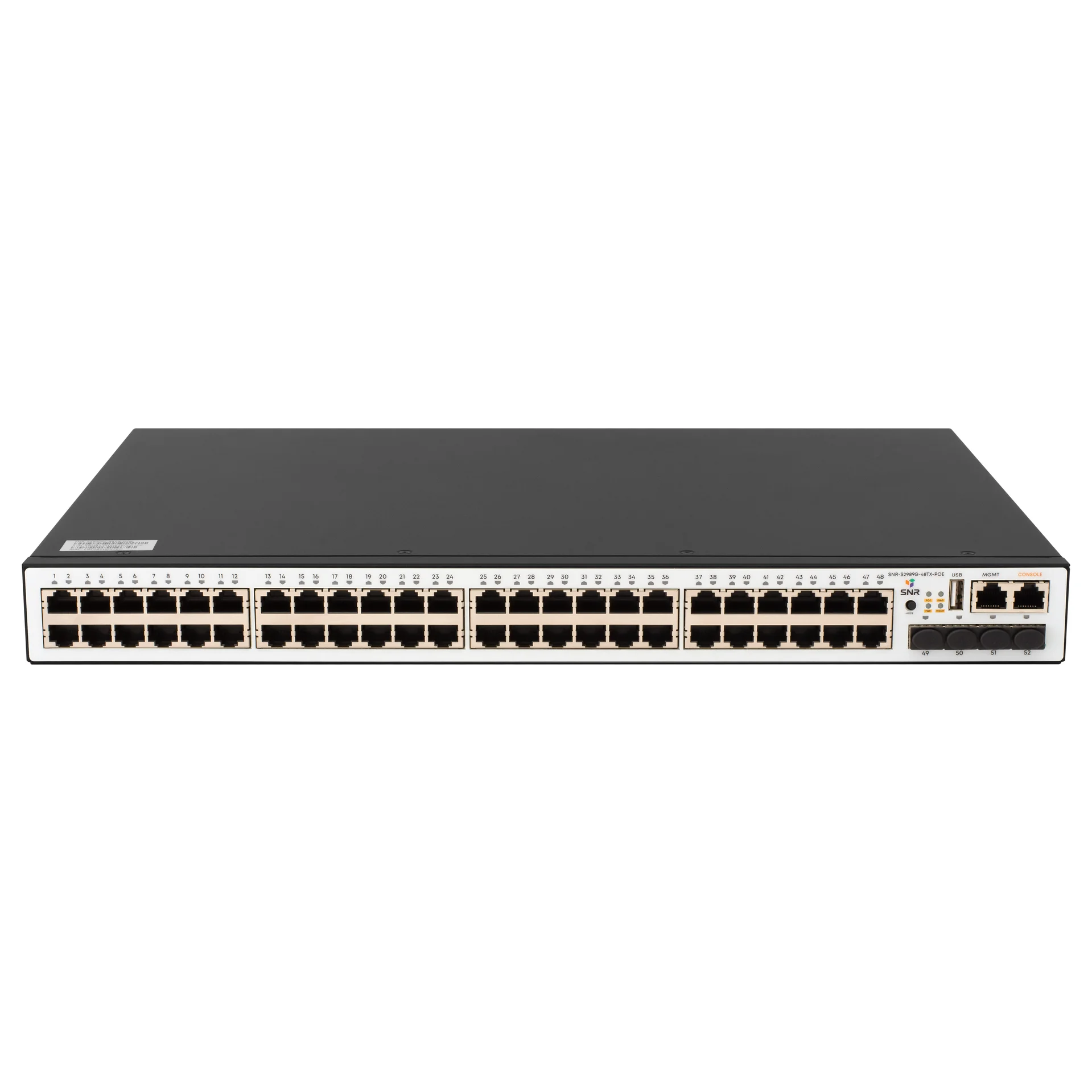 SNR SNR-S2989G-48TX-POE Управляемый PoE коммутатор уровня 2+, 48 портов 10/100/1000Base-T, 4 порта 1/10G SFP+, бюджет PoE 740 Вт, VSF HA, встроенный БП ~220V AC