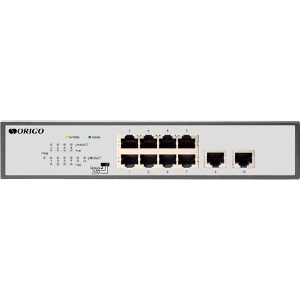 ORIGO OS2210P/120W/A1A Неуправляемый PoE-коммутатор 8x1000Base-T PoE+, 2x1000Base-T, PoE-бюджет 120 Вт