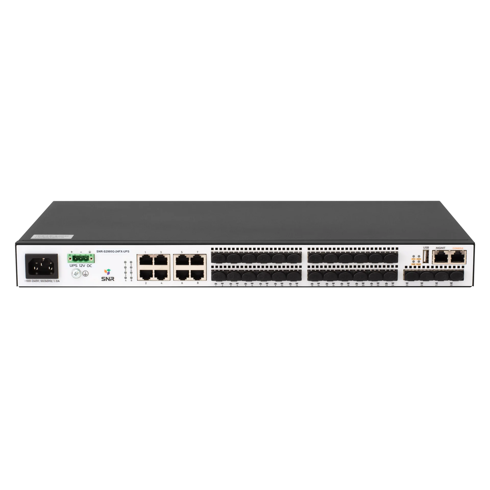 SNR SNR-S2995G-24FX-UPS Управляемый коммутатор уровня 3, 16 портов 100/1000Base-X SFP, 8 портов Combo 10/100/1000Base-T|100/1000Base-X SFP, 4 порта 1/10G SFP+, VSF HA, встроенный БП ~220V AC