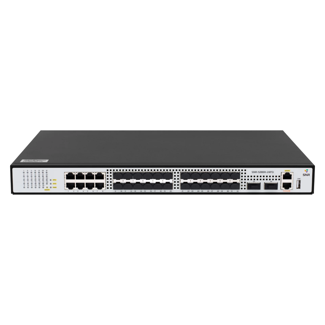 SNR SNR-S300X-24FQ Управляемый коммутатор уровня 3, 8 портов 10/100/1000Base-T, 24 порта 1/10G SFP+, 2 порта 40G QSFP+, встроенный БП ~220V AC, RPS 36-72V DC