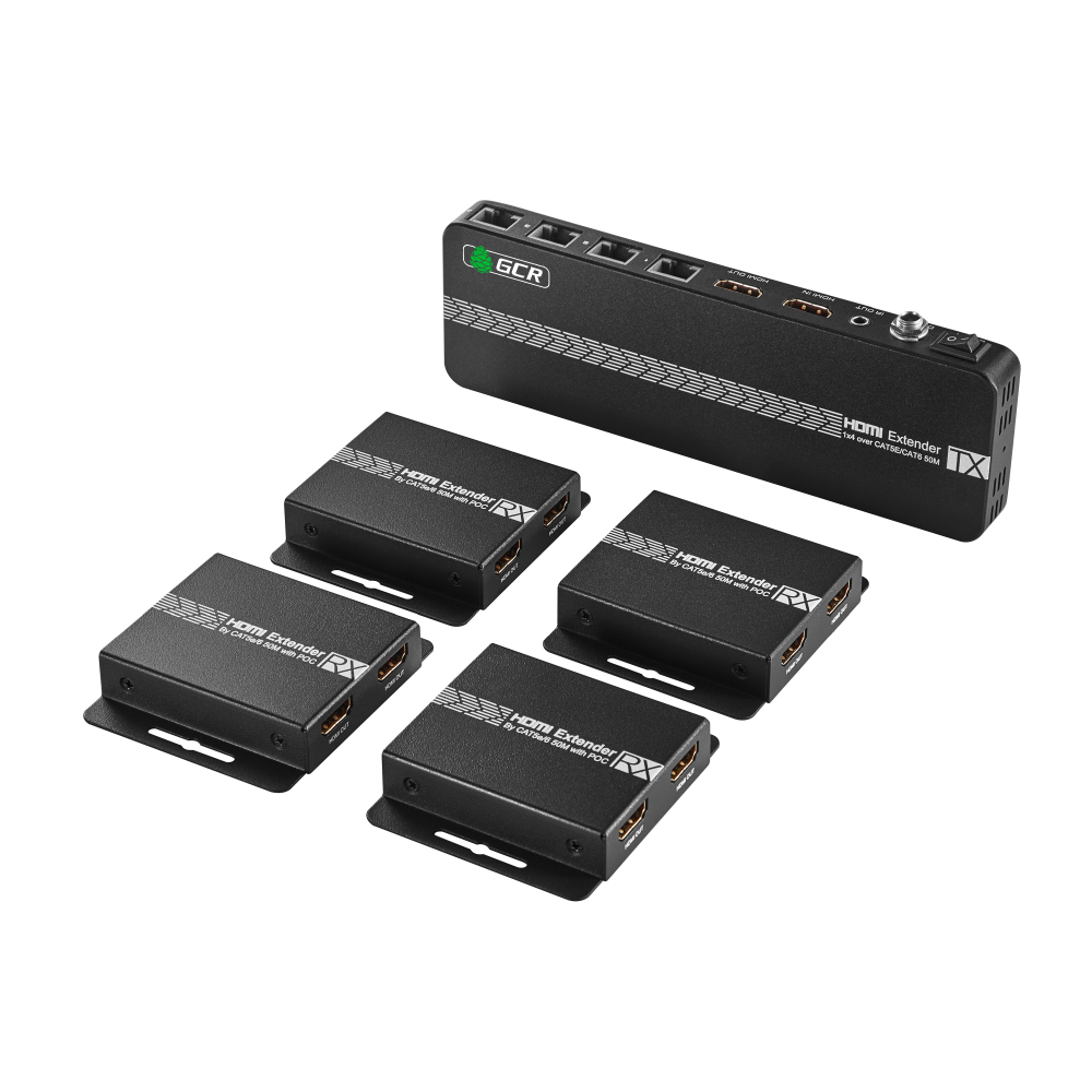 GCR PRO Разветвитель-удлинитель HDMI по витой паре 1080P до 50~60m, 1х4 до 9 дисплеев, передатчик+приемники(2хHDMI), поддержка IR,POC & EDID, Loop out