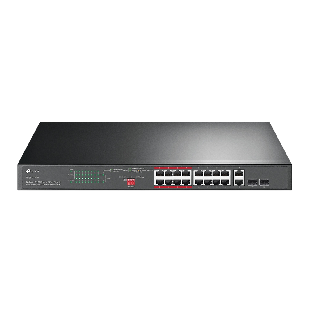 TP-Link TL-SL1218MP Неуправляемый коммутатор с 16 портами PoE+ 10/100 Мбит/с и 2 комбинированными портами RJ45/SFP