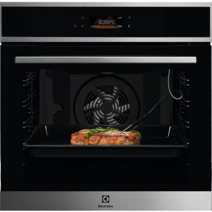 Встраиваемый духовой шкаф ELECTROLUX/ электрический с конвекцией, объем 72 л, 17 режимов, очистка паровая, 3 стекла в дверце, направляющие проволочные + телескопические (1 уровень),черное стекло и черный матовый,термозонд