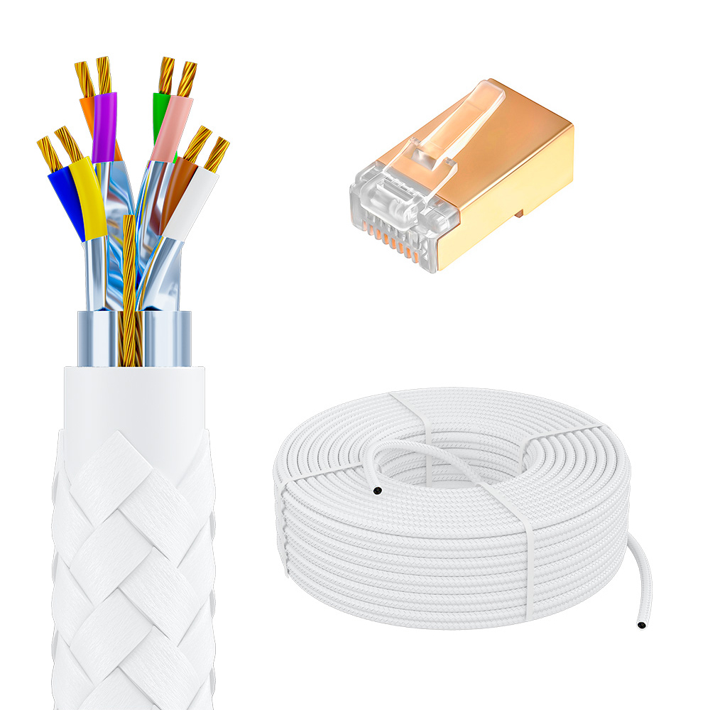 GCR PRO Кабель LAN DIY витая пара 100m в бухте, F/FTP кат.7, медь, многопроволочный, в оплетке текстиль, белый + экран. коннекторы RJ-45 8p8c 50шт., GCR-56767