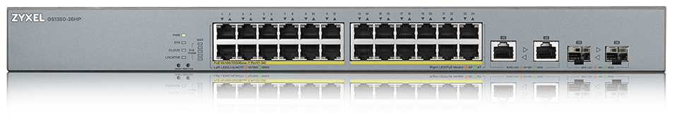 ZYXEL GS1350-26HP-EU0101F L2 коммутатор PoE+ для IP-видеокамер 24xGE PoE+, 2xCombo (SFP/RJ-45), бюджет PoE 375 Вт, дальность передачи питания до 250 м, автоперезагрузка PoE-портов