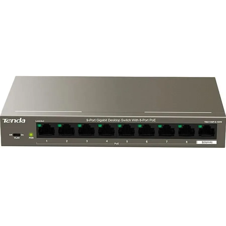 TENDA TEG1109P-8-102W Коммутатор настольный 9-Ports 10/100/1000 Base-T 8-Ports PoE(PoE бюджет 92W)