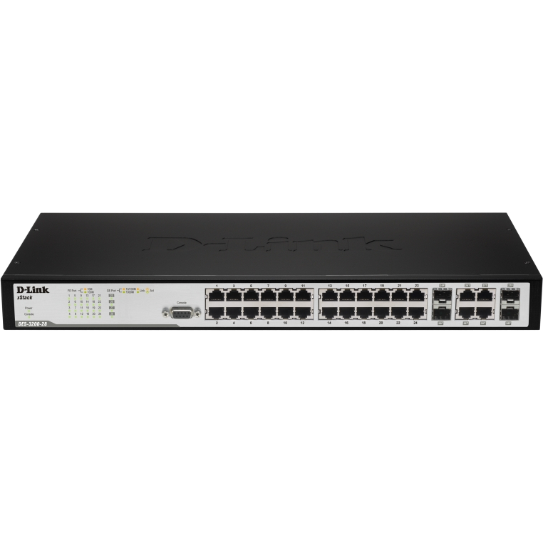 D-Link DES-3200-28_RFB/A1 Восстановленный в производственных условиях управляемый L2 коммутатор с 24 портами 10/100Base-TX, 2 портами 100/1000Base-X SFP и 2 комбо-портами 100/1000Base-T/SFP.
