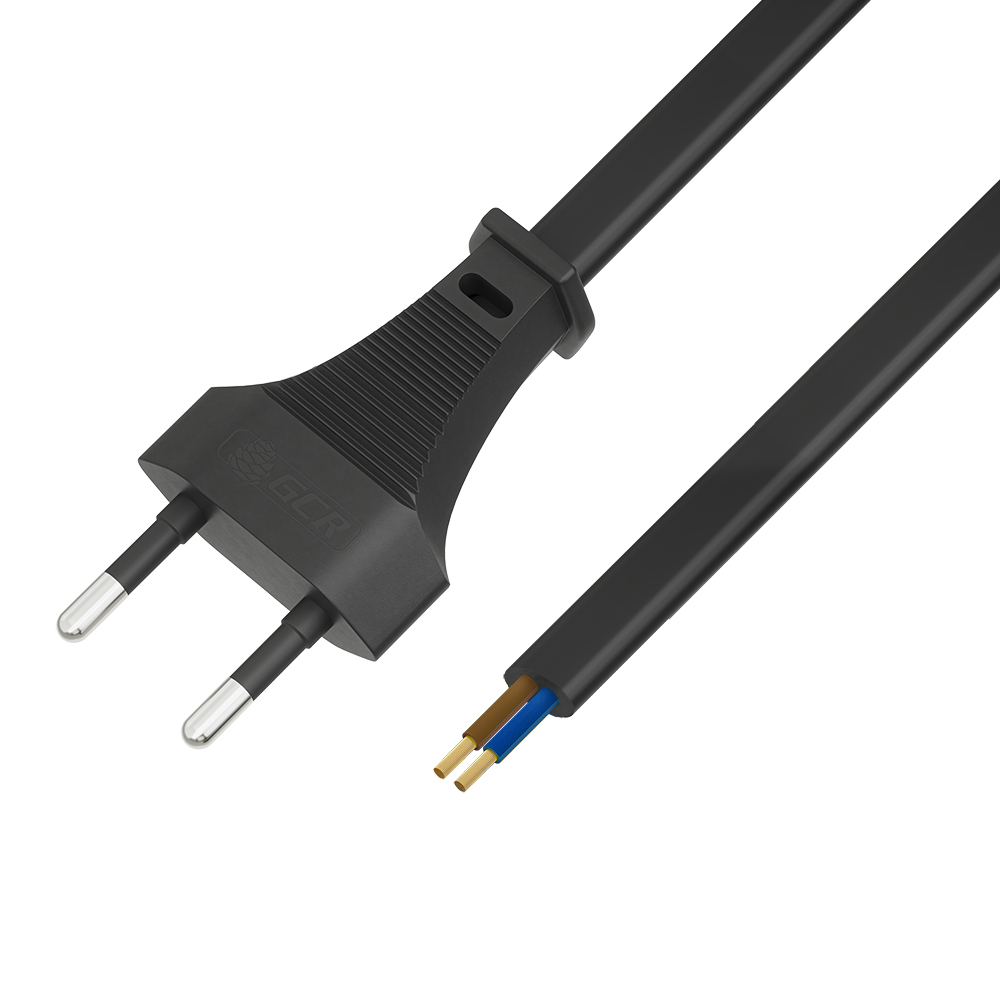 GCR PRO Кабель питания DIY 2.0m, плоская вилка - без разъёма, черный, 2*0,75mm, медь